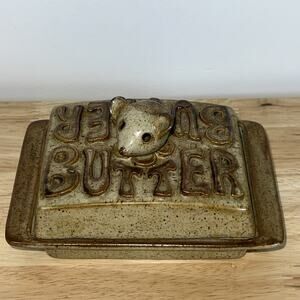Vintage Mouse Art Pottery Speckled Stoneware Covered Rectangular Butter Dish